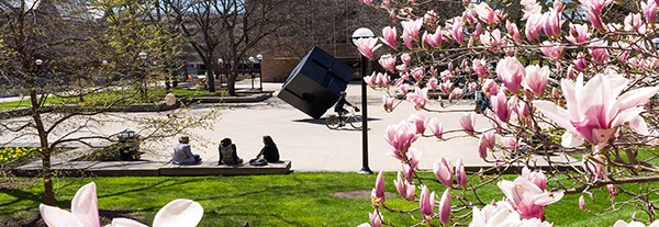 The Cube during spring time on U-M's campus
